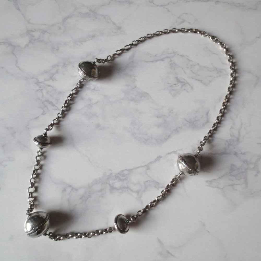 Long Vintage Large Round Oval Bead Bohemian Silver Necklace - Picture 2 of 5